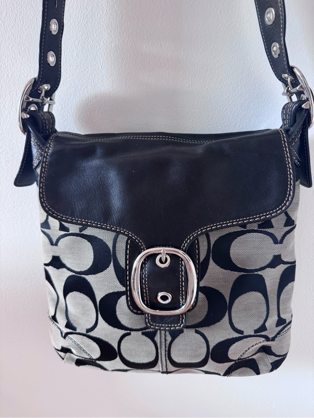 Vintage Coach Black and Ivory Signature Canvas Shoulder Bag